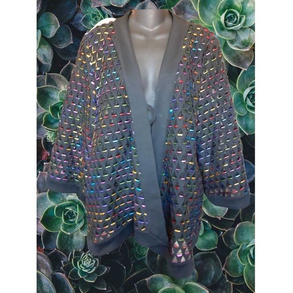 unknow Tops - SALE🤑 1XL Unbranded Geo Pattern Multi Color 3/4 Sleeve One Button Cardigan